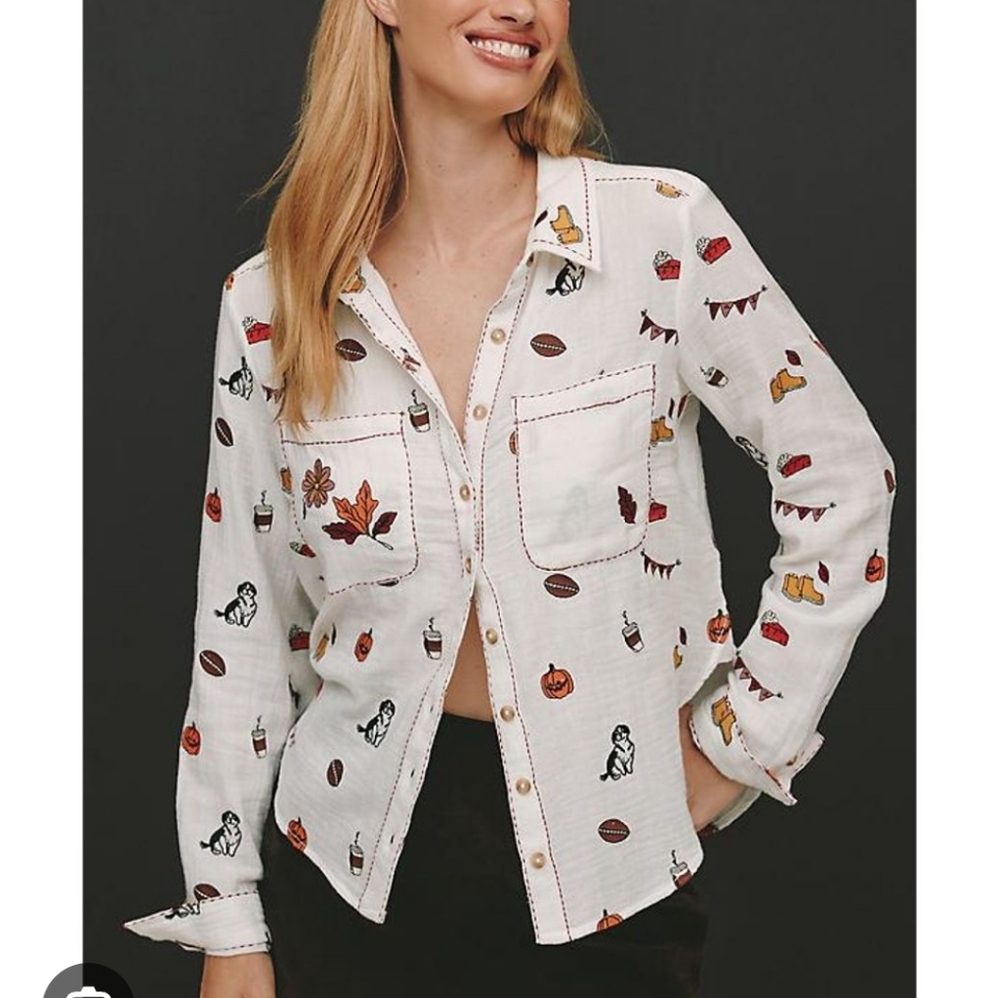 🏷NWT Anthropologie x Pilcro Embroidered Icon Buttondown Shirt In Ivory - S & M